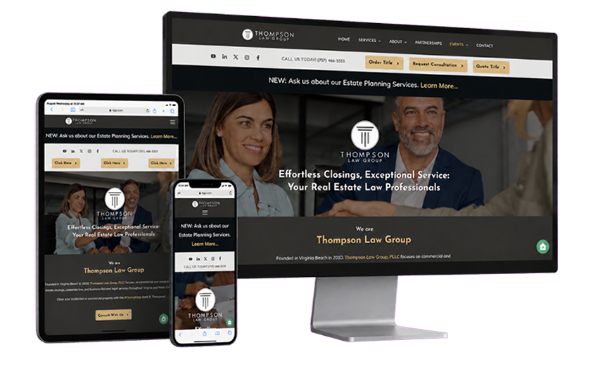 Responsive Thompson Law Group website displayed across desktop, tablet and mobile devices, designed by Hackworth Marketing.